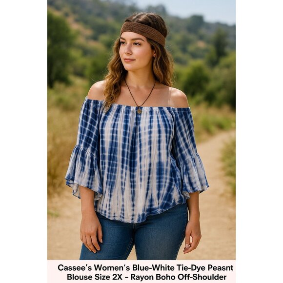 Cassee’s Women’s Blue White Tie-Dye Peasant Blouse Size 2X – Rayon Boho Off-Shou - Picture 6 of 6
